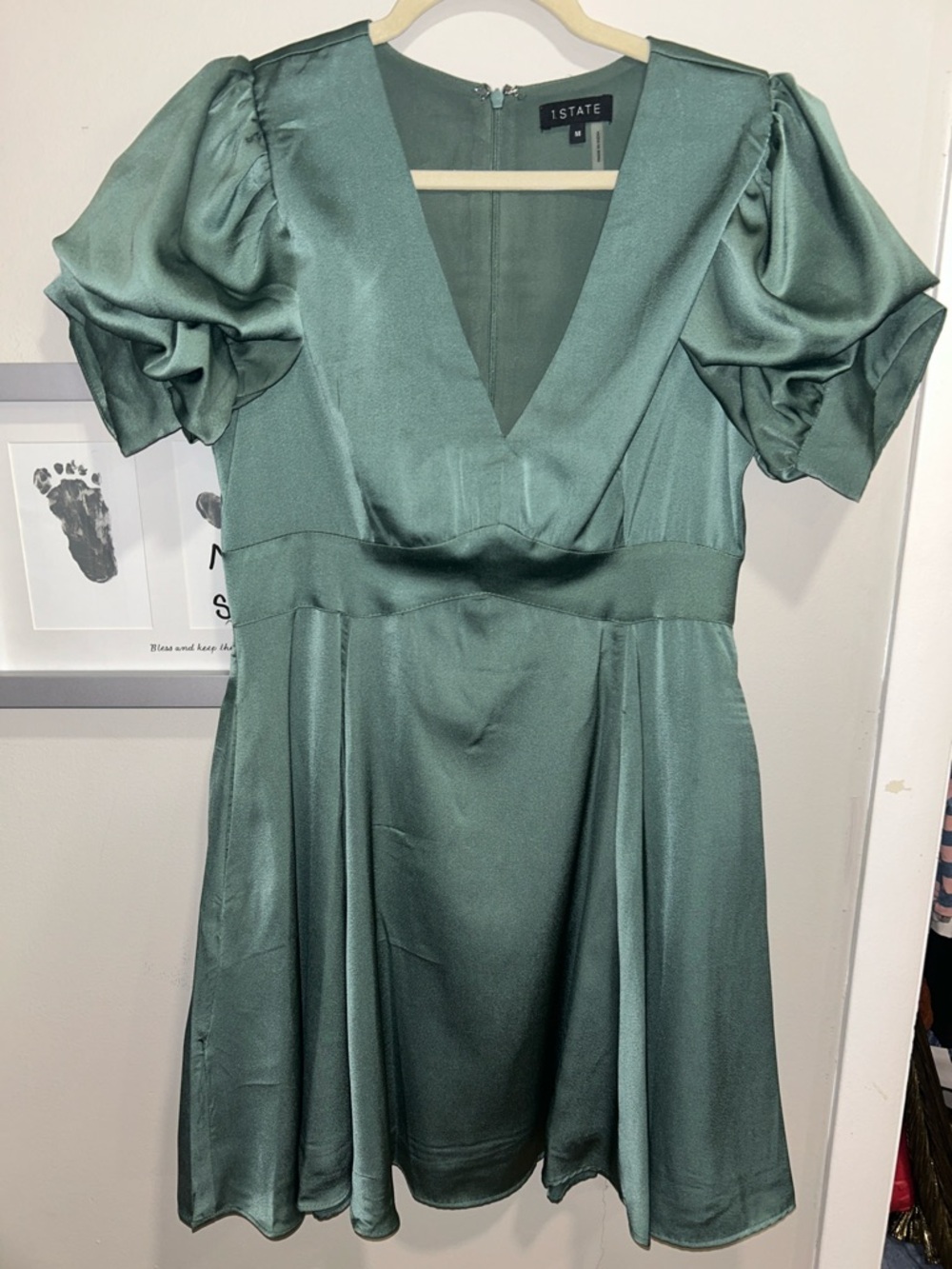STATE Satin Teal V-Neck Puff Sleeve Mini Dress